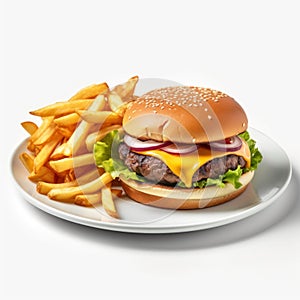 Delicious American Cheeseburger with Fries on a Plate .