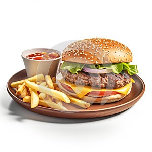 Delicious American Cheeseburger with Fries on a Plate for Food Lovers.