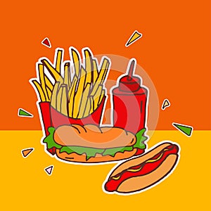 Delicious american food icon. set of fast food, french fries, sandwich, hotdog with ketchup bottle illustration on orange backgrou