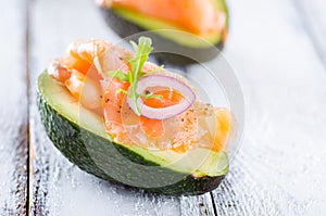 Delicious appetizer of avocado and smoked salmon