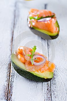 Delicious appetizer of avocado and smoked salmon