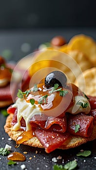 Delicious appetizer with cured meat, cheese, and olives on crispy cracker
