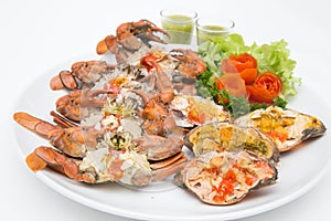 delicious appetizer Steamed crabs and crab`s spawn with seafood spicy sauce Thai seafood, steamed cra