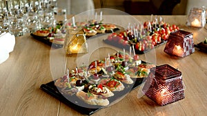 Delicious appetizers at served table in restaurant.