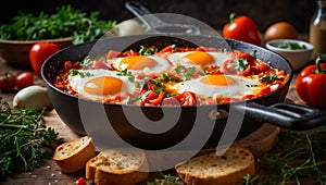 Delicious appetizing shakshuka dish the table protein lunch fried cuisine rustic delicious