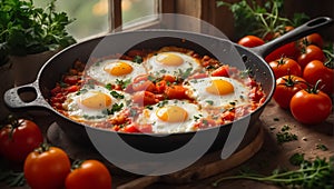 Delicious appetizing shakshuka on the table