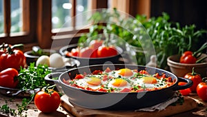 Delicious appetizing shakshuka on the table breakfast lunch nutrition cuisine