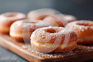 Delicious apple cider donuts displayed on a rustic wooden board with sugar dusting
