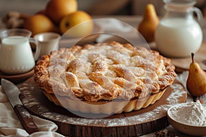 delicious apple pie on a rustic background.