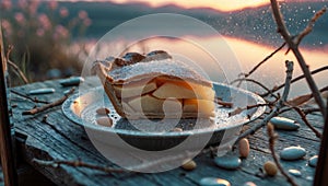 Delicious Apple Pie Slice at Sunset by the Lake