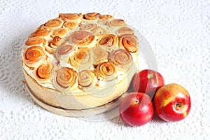 Delicious apple pie on white background.