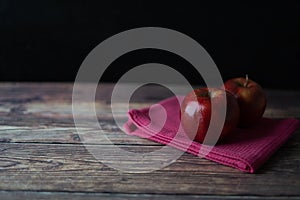 Delicious apples on the wooden table copy space image