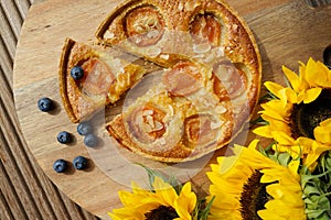 Delicious apricot tart with sunflowers and bluberries