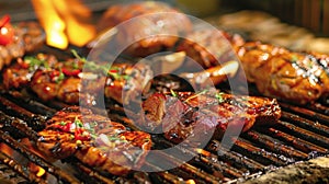 Delicious aromas waft through the air as savory meats sizzle and char on the barbecue grill. 2d flat cartoon photo