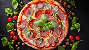 Delicious aromatic pizza with gooey cheese, salami, pepperoni, and basil, next to the ingredients on a dark table photo