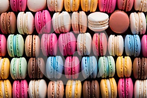 Delicious array of vibrant macarons on colorful background - indulgent and sweet treats