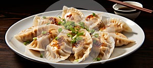 Delicious asian dumplings gyozas potstickers with soy onion sauce, served on white ceramic plate