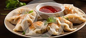 Delicious asian dumplings gyozas potstickers on white ceramic plate with soy onion sauce