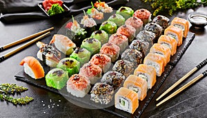 Delicious asian food, roll, sushi and gunkan set