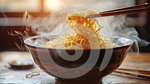 delicious asian noodles in a steaming bowl, presented with chopsticks a tantalizing display of asian cuisine at its best