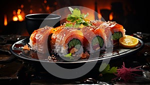 Delicious asian sushi food on a plate. Fish japanese delicious seafood. Generative AI