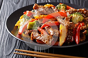 Delicious Asian teriyaki beef with red and yellow bell peppers,