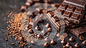 Delicious assortment of chocolate bars and candies arranged on a dark surface