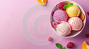 Delicious assortment of fruit-flavored ice cream scoop dessert vibrant pink background, copy space