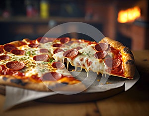 Delicious authentic pepperoni pizza with fresh basil and stretchy melting mozzarella cheese. Levitating slice photo