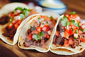 Delicious authentic snack in form of tacos mexican with vegetable and meat filling