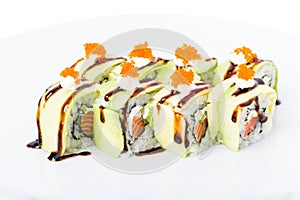 Delicious avocado sushi roll with salmon.