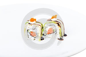 Delicious avocado sushi roll with salmon.