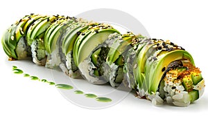 Delicious avocado sushi roll on white background. perfect for menu visuals. fresh, healthy eating concept captured in