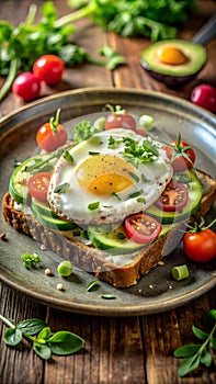 Delicious avocado toast topped with a sunny-side-up egg, fresh vegetables, and herbs, served on a ru