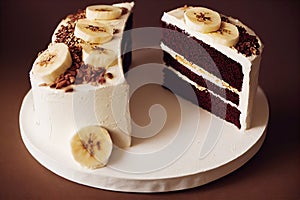 Delicious baked banana cake with chocolate cakes and cream decoration
