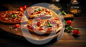 Delicious baked pizzas with various vegetables and cheese, on wooden board on the kitchen table