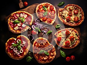 Delicious baked pizzas with various vegetables and cheese, on wooden board on the kitchen table