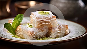 Delicious Baklava With Cream And Mint On A White Plate