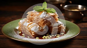 Delicious Baklava With Whipped Cream And Mint photo