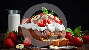 Delicious Banana Bread With Whipped Cream And Strawberries