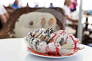 Delicious banana split ice cream.