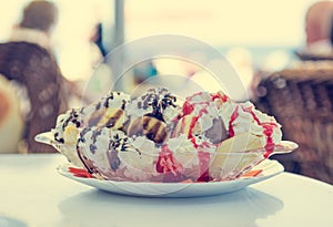 Delicious banana split ice cream.