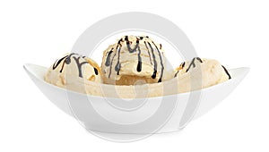 Delicious banana split ice cream with chocolate topping on white