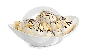 Delicious banana split ice cream with toppings on white