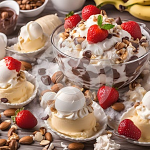 Delicious banana split ice cream with various toppings