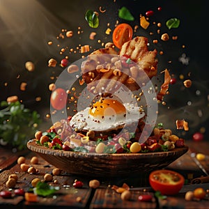 delicious bandeja paisa floating in the air, professional food photography, studio background, advertising photography, cooking photo