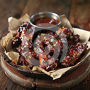 Delicious barbecue chicken wings with spicy sauce photo