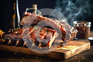 Delicious barbeque pork ribs glazed with sticky spicy sauce on wood cutting board. Traditional American cuisine dish