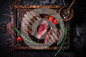A delicious BBQ-grilled top sirloin beef steak, served on a wooden plate and cooked to a medium-rare perfection