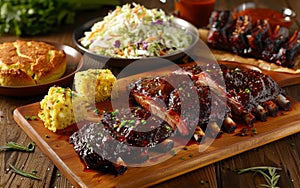 Delicious BBQ ribs served with coleslaw, cornbread, and sauces on a rustic table setting.